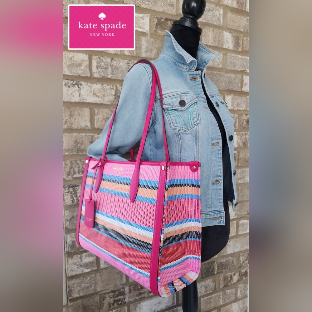Kate Spade Market Striped Woven Straw Medium Tote in Wild Rasberry NWT!